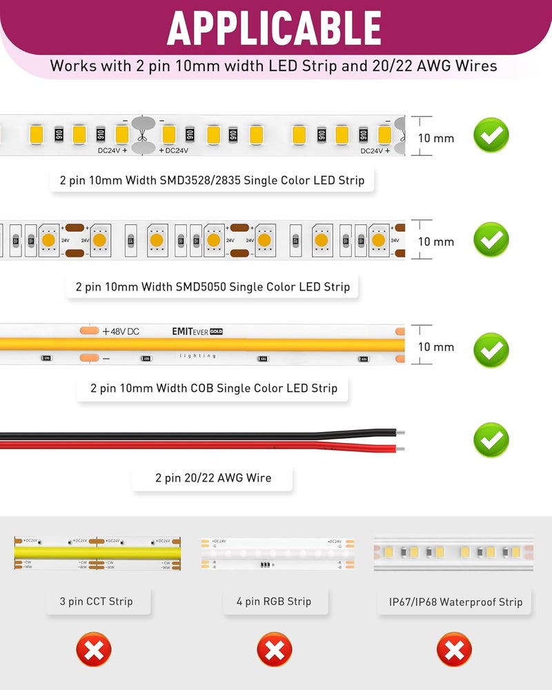 EMITEVER ​ 8-in-1 LED Strip Connectors 12pcs, 2 Pin 10mm COB Tape Lights Terminal Connectors 8 Types Solderless Transparent Connection for​ 5V 12V 24V（Straight, Corner, Strip to Strip, Strip to Wire） - Image 3